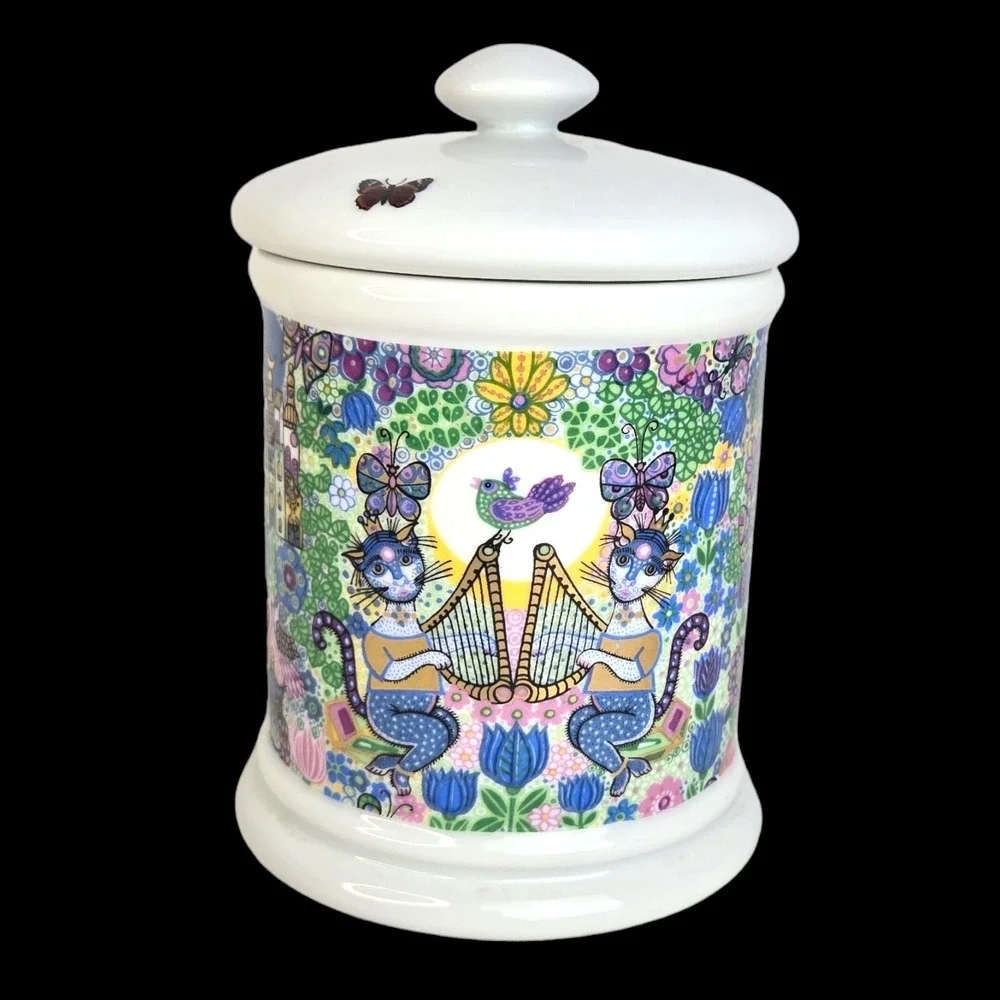 Jorinde Binder lidded Stash Jar‎ Fantasy Couple Cats Birds West Germany Vtg 60s